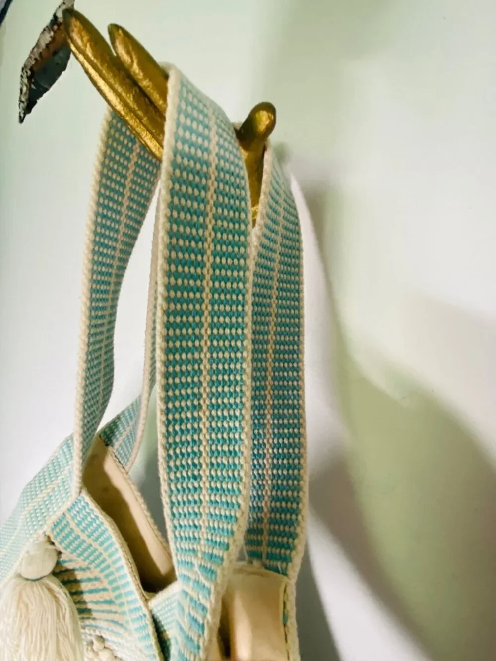 Boho Striped Cotton Tote With Tassels & Textured Diamond Pattern Beige & Teal La